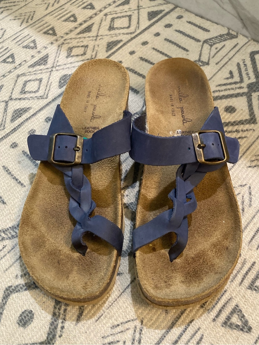 Mila Paoli Italian Leather Braided Toe Thong Wedge Sandals in Blue Size 8